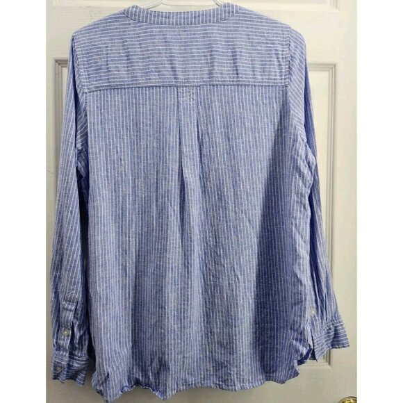 Tahari Blue White Striped Pullover Shirt Roll Tab Sleeves Linen Blend Medium - Picture 2 of 7